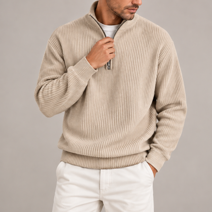 Men's Corduroy Quarter-Zip Jumper – Ribbed Stand Collar Pullover