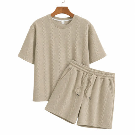 Men’s Casual Jacquard Shirt and Shorts Set Lightweight Summer Outfit