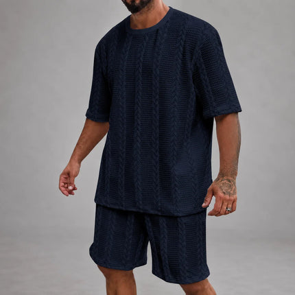 Men’s Casual Jacquard Shirt and Shorts Set Lightweight Summer Outfit
