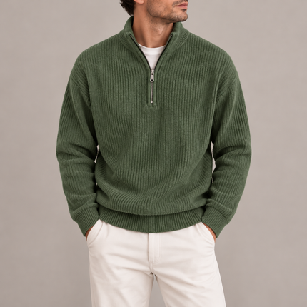 Men's Corduroy Quarter-Zip Jumper – Ribbed Stand Collar Pullover