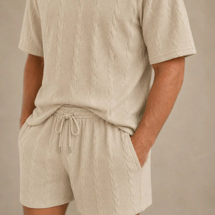 Men’s Casual Jacquard Shirt and Shorts Set Lightweight Summer Outfit