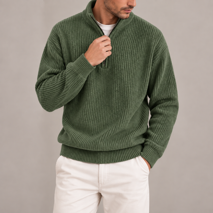 Men's Corduroy Quarter-Zip Jumper – Ribbed Stand Collar Pullover