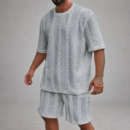 Men’s Casual Jacquard Shirt and Shorts Set Lightweight Summer Outfit