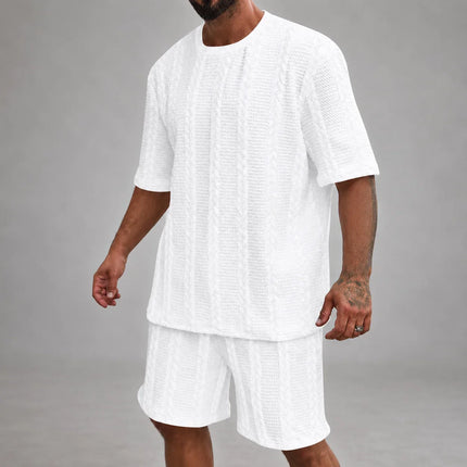 Men’s Casual Jacquard Shirt and Shorts Set Lightweight Summer Outfit