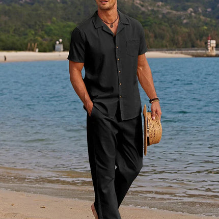 Men’s Short Sleeve Button-Up Shirt and Pants Two-Piece Linen Set