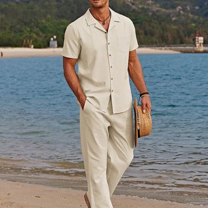 Men’s Short Sleeve Button-Up Shirt and Pants Two-Piece Linen Set