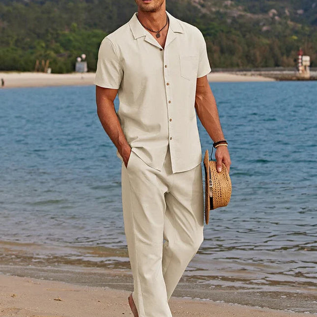 Men’s Short Sleeve Button-Up Shirt and Pants Two-Piece Linen Set