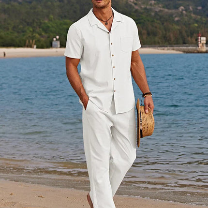 Men’s Short Sleeve Button-Up Shirt and Pants Two-Piece Linen Set