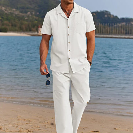Men’s Short Sleeve Button-Up Shirt and Pants Two-Piece Linen Set
