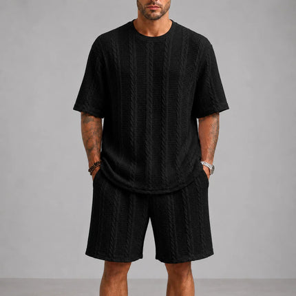 Men’s Casual Jacquard Shirt and Shorts Set Lightweight Summer Outfit