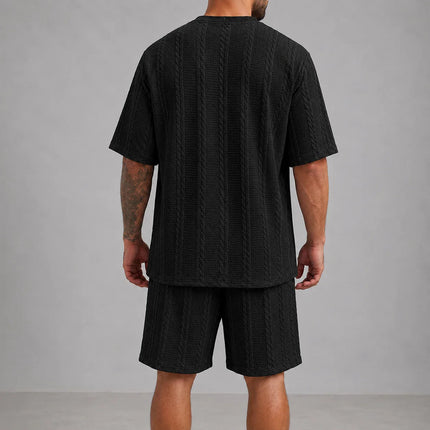 Men’s Casual Jacquard Shirt and Shorts Set Lightweight Summer Outfit