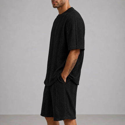Men’s Casual Jacquard Shirt and Shorts Set Lightweight Summer Outfit