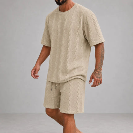 Men’s Casual Jacquard Shirt and Shorts Set Lightweight Summer Outfit