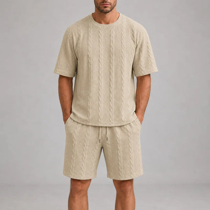 Men’s Casual Jacquard Shirt and Shorts Set Lightweight Summer Outfit