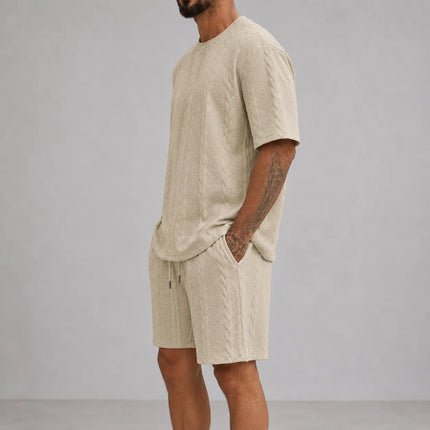 Men’s Casual Jacquard Shirt and Shorts Set Lightweight Summer Outfit