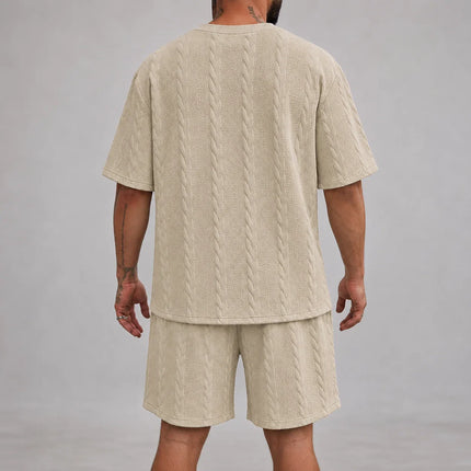 Men’s Casual Jacquard Shirt and Shorts Set Lightweight Summer Outfit