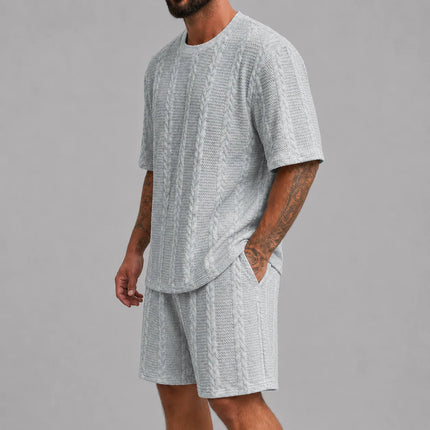 Men’s Casual Jacquard Shirt and Shorts Set Lightweight Summer Outfit