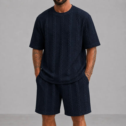 Men’s Casual Jacquard Shirt and Shorts Set Lightweight Summer Outfit