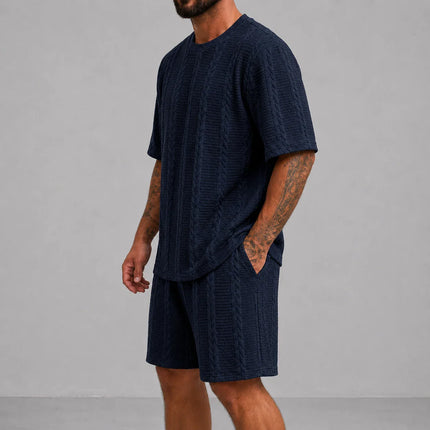 Men’s Casual Jacquard Shirt and Shorts Set Lightweight Summer Outfit