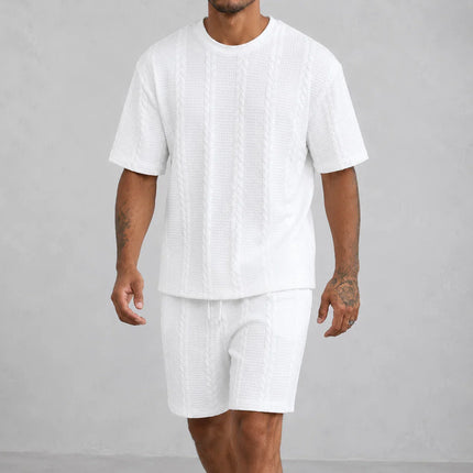Men’s Casual Jacquard Shirt and Shorts Set Lightweight Summer Outfit