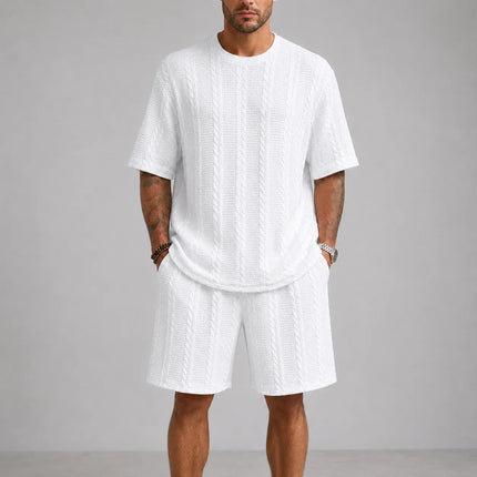 Men’s Casual Jacquard Shirt and Shorts Set Lightweight Summer Outfit
