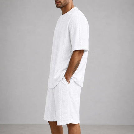 Men’s Casual Jacquard Shirt and Shorts Set Lightweight Summer Outfit