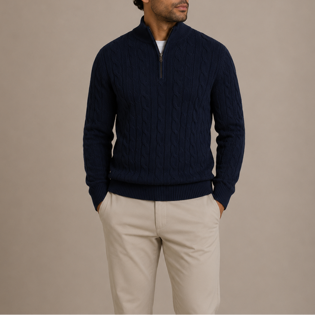 Men's Classic Cable Knit Quarter Zip Sweater with Stand Collar