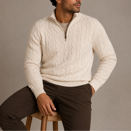 Men's Classic Cable Knit Quarter Zip Sweater with Stand Collar