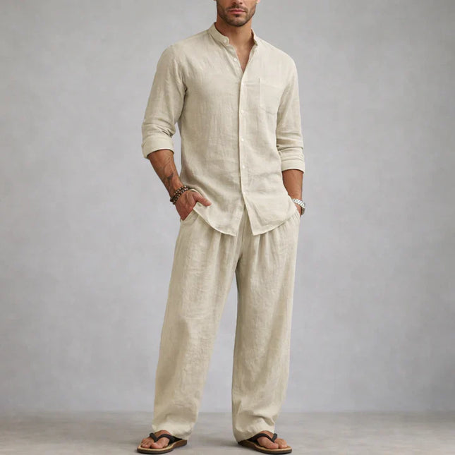 Men’s Linen Cotton Blend 2 Piece Set Lightweight Breathable Casual Summer Outfit