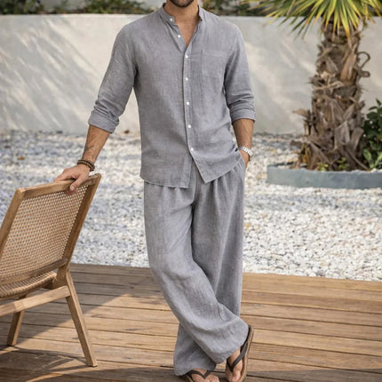 Men’s Linen Cotton Blend 2 Piece Set Lightweight Breathable Casual Summer Outfit