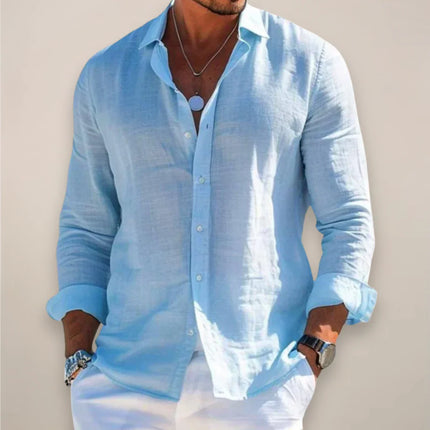 Men’s Linen Long Sleeve Button-Up Shirt with Collared Neck