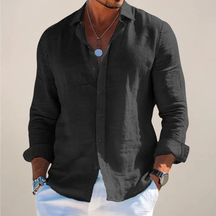 Men’s Linen Long Sleeve Button-Up Shirt with Collared Neck