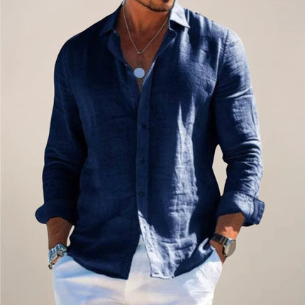Men’s Linen Long Sleeve Button-Up Shirt with Collared Neck