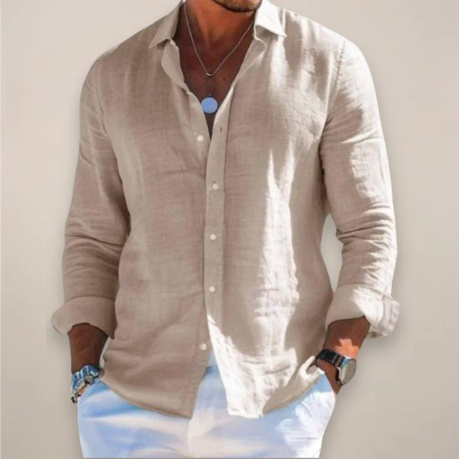 Men’s Linen Long Sleeve Button-Up Shirt with Collared Neck