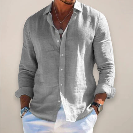 Men’s Linen Long Sleeve Button-Up Shirt with Collared Neck