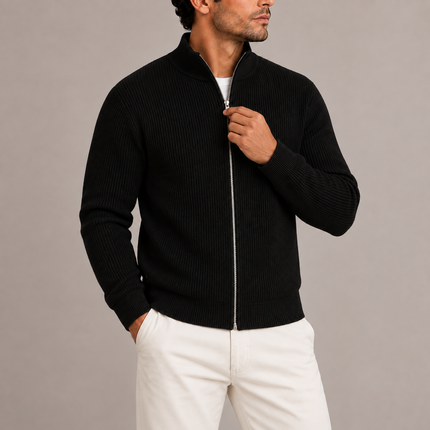 Men's Ribbed Full-Zip Knitted Sweater with Stand Collar