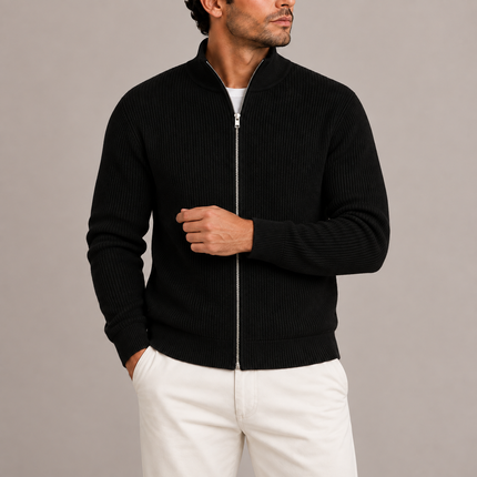 Men's Ribbed Full-Zip Knitted Sweater with Stand Collar