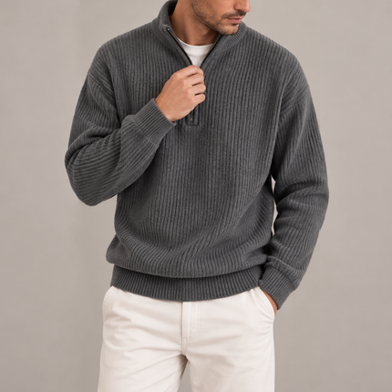 Men's Corduroy Quarter-Zip Jumper – Ribbed Stand Collar Pullover