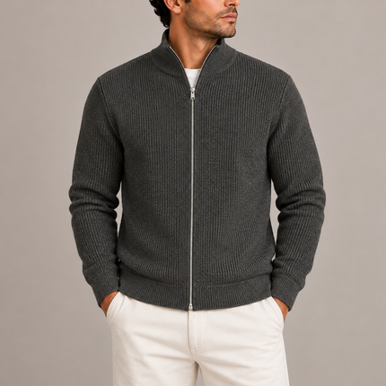 Men's Ribbed Full-Zip Knitted Sweater with Stand Collar