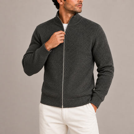 Men's Ribbed Full-Zip Knitted Sweater with Stand Collar
