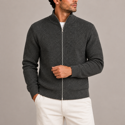 Men's Ribbed Full-Zip Knitted Sweater with Stand Collar