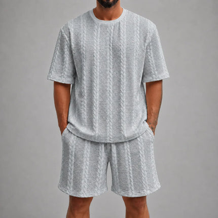 Men’s Casual Jacquard Shirt and Shorts Set Lightweight Summer Outfit