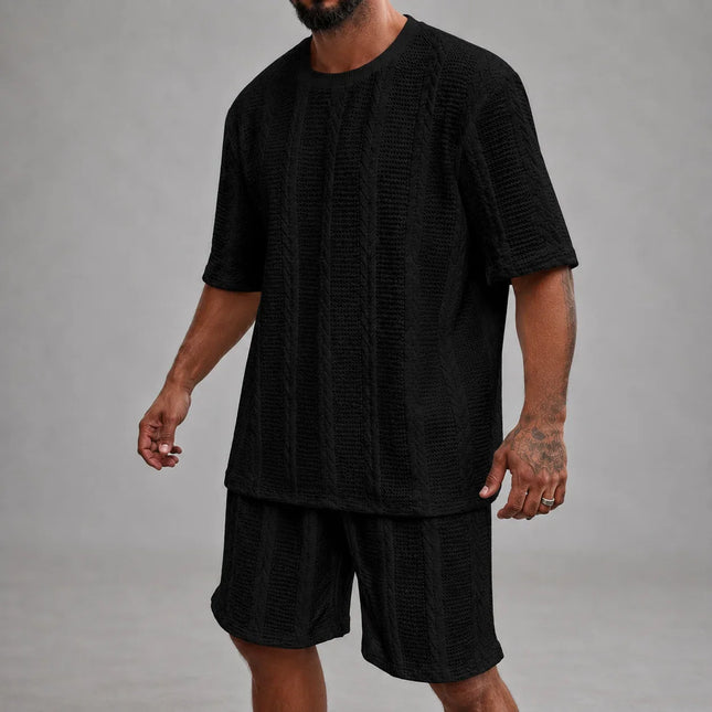 Men’s Casual Jacquard Shirt and Shorts Set Lightweight Summer Outfit