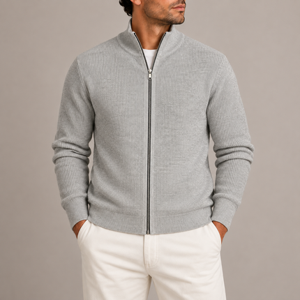 Men's Ribbed Full-Zip Knitted Sweater with Stand Collar