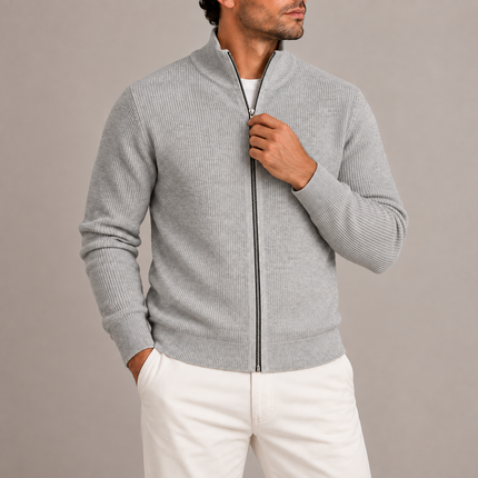 Men's Ribbed Full-Zip Knitted Sweater with Stand Collar