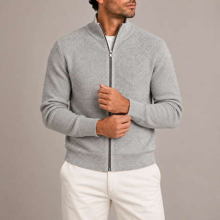 Men's Ribbed Full-Zip Knitted Sweater with Stand Collar