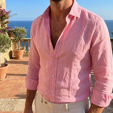 Men’s Linen Button-Up Shirt – Long Sleeve Lightweight Casual Shirt