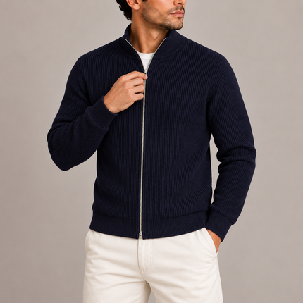 Men's Ribbed Full-Zip Knitted Sweater with Stand Collar