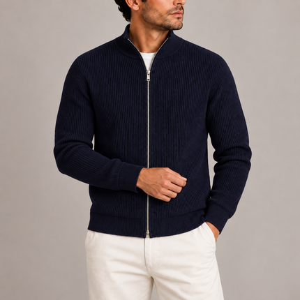 Men's Ribbed Full-Zip Knitted Sweater with Stand Collar